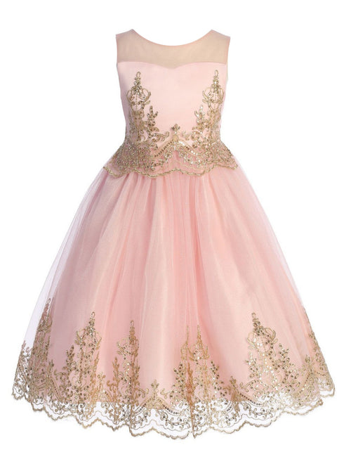 Girls Pink Gold Cording Embroidery Glitter Tulle Flower Girl Dress 4-14 - SophiasStyle.com