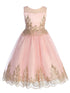 Girls Pink Gold Cording Embroidery Glitter Tulle Flower Girl Dress 4-14 - SophiasStyle.com