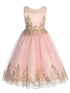 Girls Pink Gold Cording Embroidery Glitter Tulle Flower Girl Dress 4-14 - SophiasStyle.com