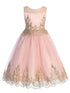 Girls Pink Gold Cording Embroidery Glitter Tulle Flower Girl Dress 4-14 - SophiasStyle.com