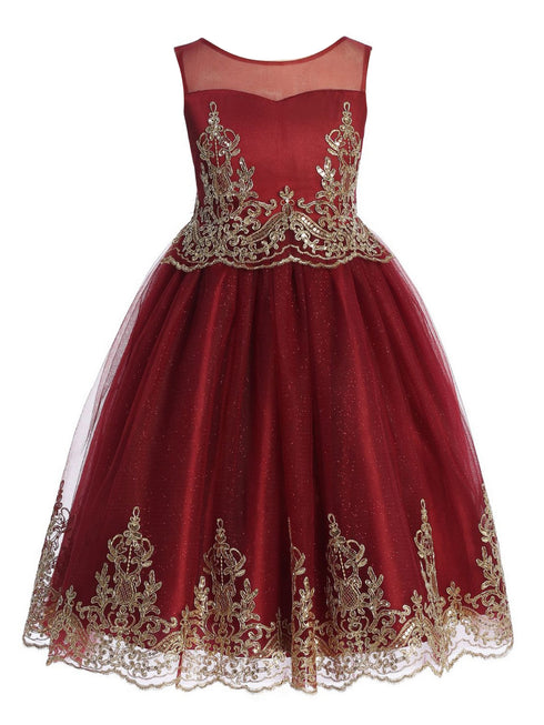Girls Red Gold Cording Embroidery Glitter Tulle Flower Girl Dress 4-14 - SophiasStyle.com