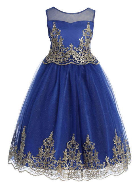 Girls Royal Blue Gold Cording Embroidery Glitter Tulle Flower Girl Dress 4-14 front - SophiasStyle.com