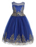 Girls Royal Blue Gold Cording Embroidery Glitter Tulle Flower Girl Dress 4-14 front - SophiasStyle.com