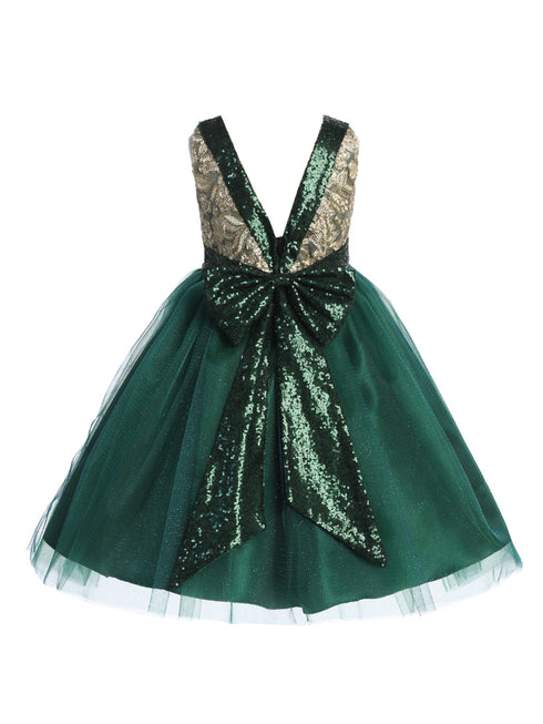 Girls Green Gold Embroidered Lace V Back & Bow Flower Girl Dress 2-12 V-back SophiasStyle.com