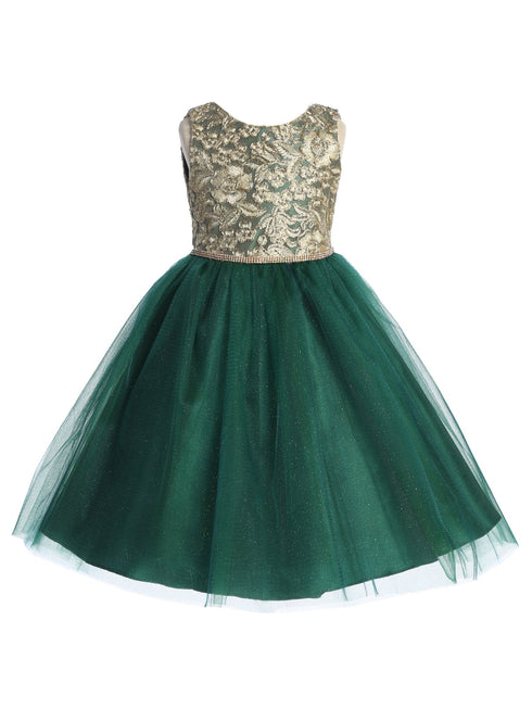 Girls Green Gold Embroidered Lace V Back & Bow Flower Girl Dress 2-12 SophiasStyle.com