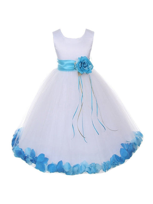 Girls White Multi Color Satin Petal Sash Flower Girl Dress 2-14 - SophiasStyle.com
