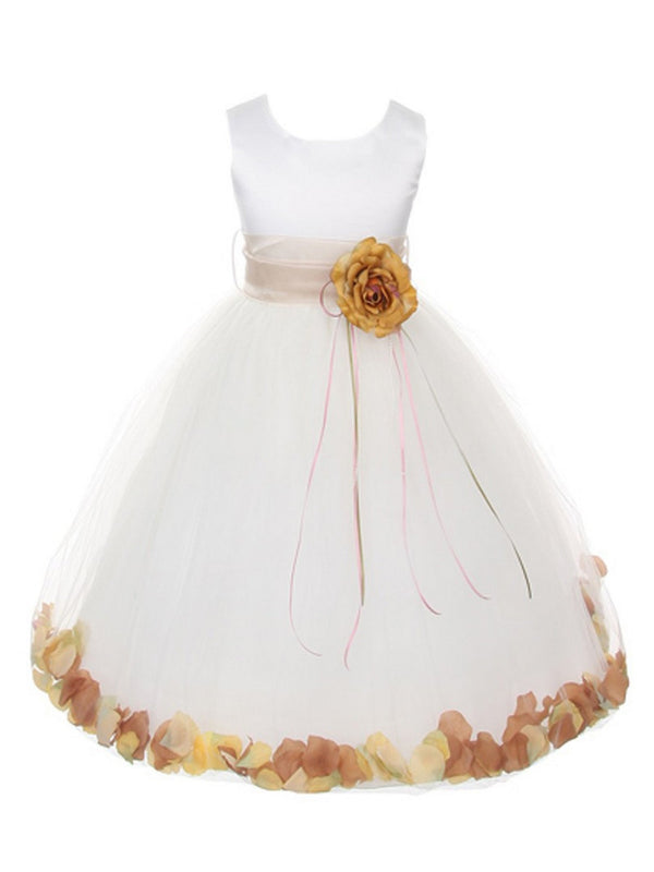 Girls White Multi Color Satin Petal Sash Flower Girl Dress 2-14 - SophiasStyle.com