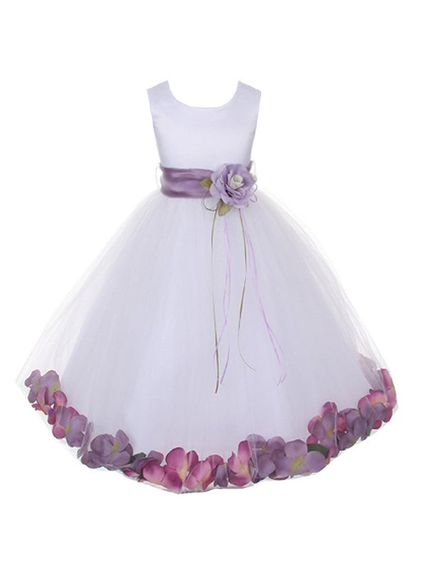 Girls White Satin Multi Color Sash Floating Petal Flower Girl Dress 2T-14 - SophiasStyle.com