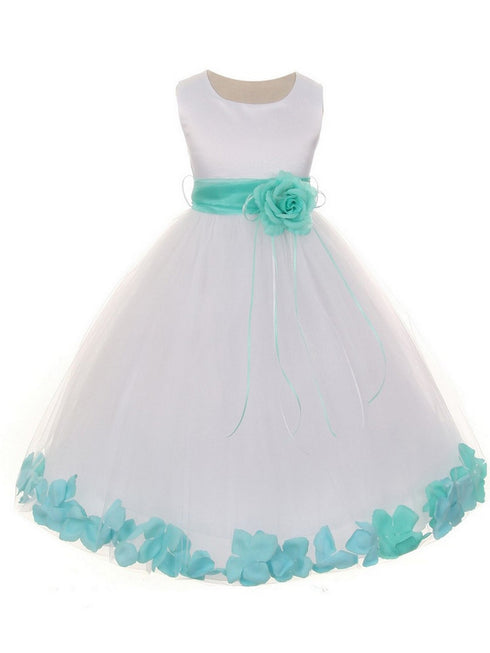 Girls White Multi Color Satin Petal Sash Flower Girl Dress 2-14 - SophiasStyle.com