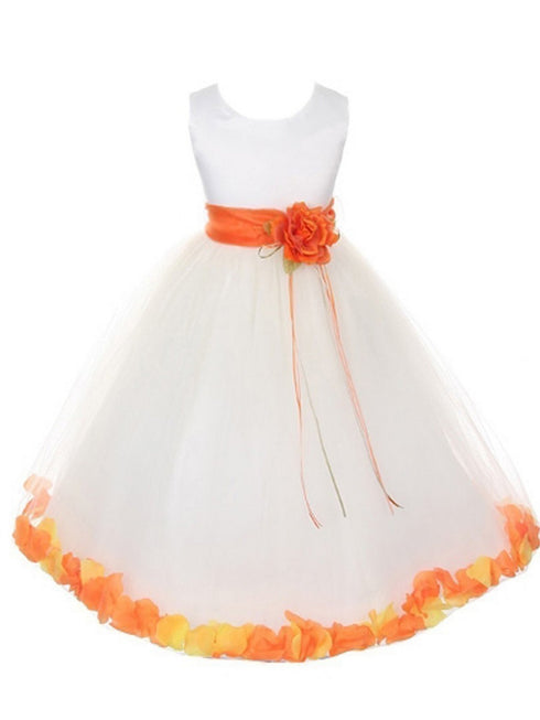 Girls White Multi Color Satin Petal Sash Flower Girl Dress 2-14 - SophiasStyle.com