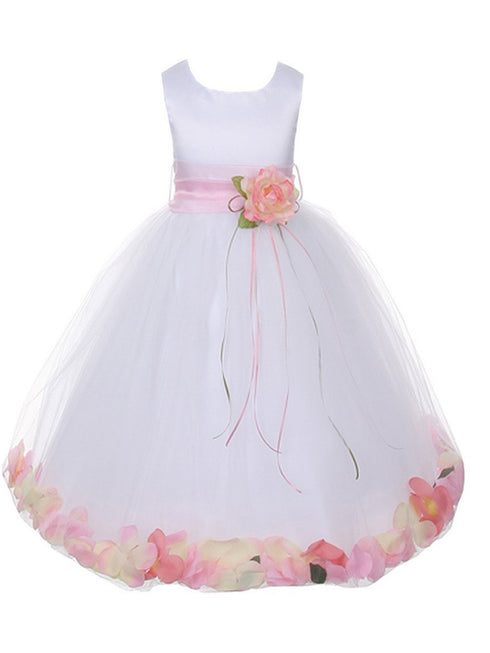 Girls White Satin Multi Color Sash Floating Petal Flower Girl Dress 2T-14 - SophiasStyle.com