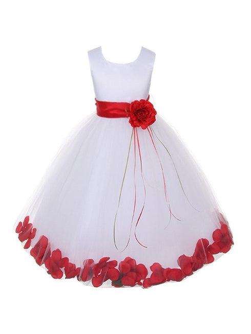 Girls White Satin Multi Color Sash Floating Petal Flower Girl Dress 2T-14 - SophiasStyle.com