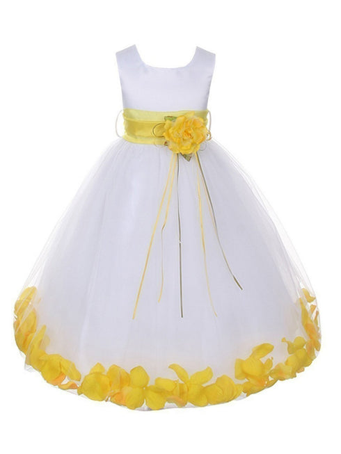 Girls White Satin Multi Color Sash Floating Petal Flower Girl Dress 2T-14 - SophiasStyle.com