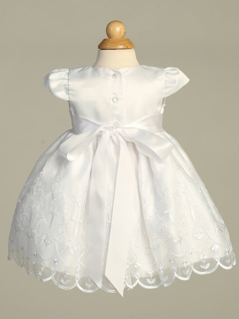 Baby Girls White Satin Lace Trim Embroidered Organza Bonnet Crystal Baptism Dress 0-18M