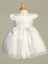 Baby Girls White Satin Lace Trim Embroidered Organza Bonnet Crystal Baptism Dress 0-18M