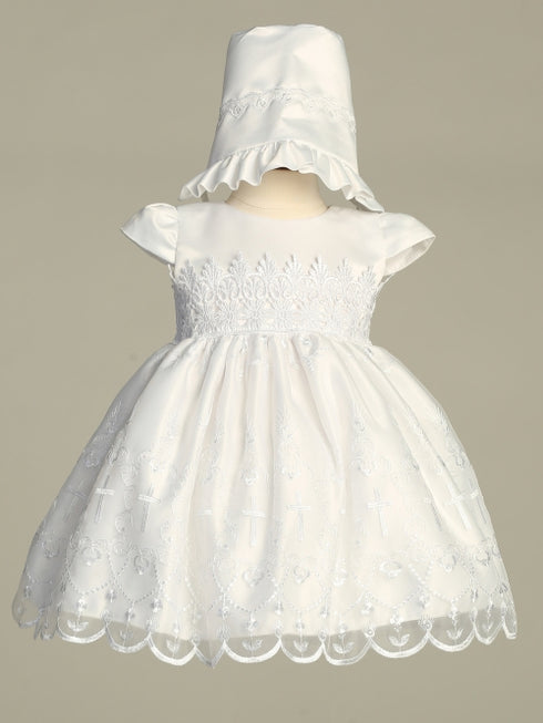 Baby Girls White Satin Lace Trim Embroidered Organza Bonnet Crystal Baptism Dress 0-18M