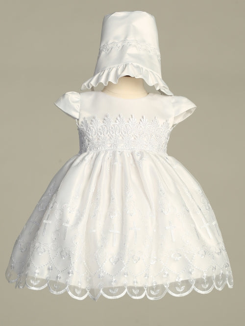 Baby Girls White Satin Lace Trim Embroidered Organza Bonnet Crystal Baptism Dress 0-18M