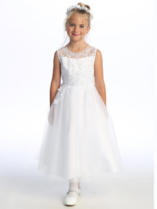 Girls Pearl Sequin Embroidered Tulle Tea Length Communion Dress 6-12