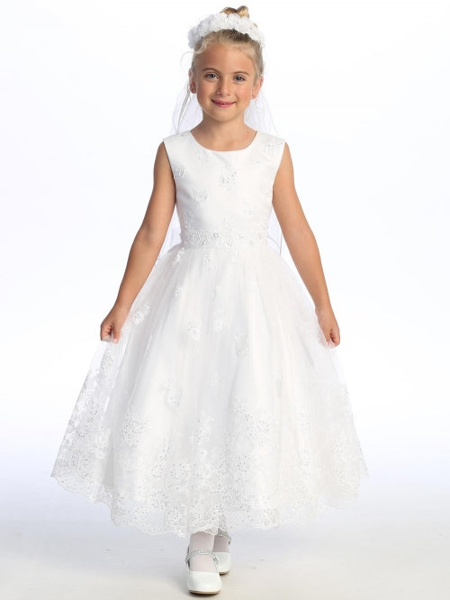 Girls White Sequin Pearl Corded Embroidered Tulle Communion Dress 6-12