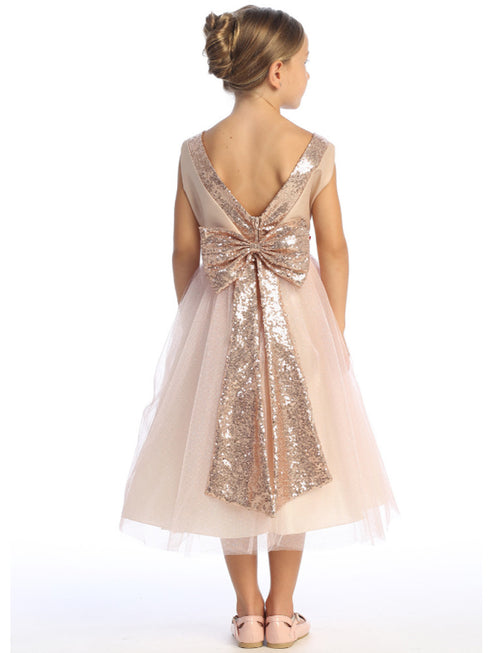 Girls Blush V Back Trim Shantung Sparkle Tulle Flower Girl Dress 2T-10 back SophiasStyle.com