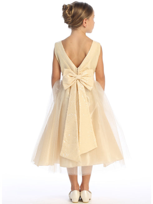 Girls Champagne V Back Trim Shantung Sparkle Tulle Flower Girl Dress 2T-10 back SophiasStyle.com