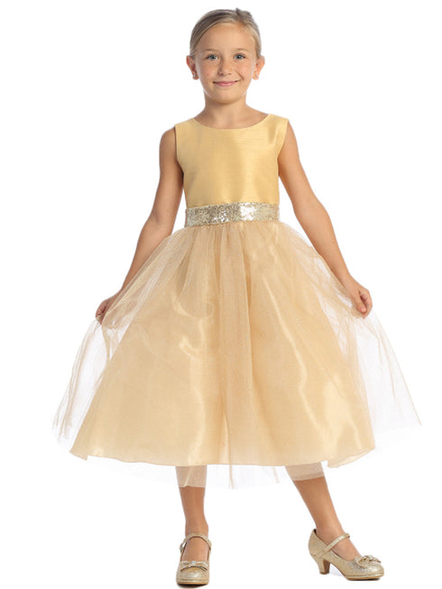 Girls Gold V Back Trim Shantung Sparkle Tulle Flower Girl Dress 2T-10 front SophiasStyle.com