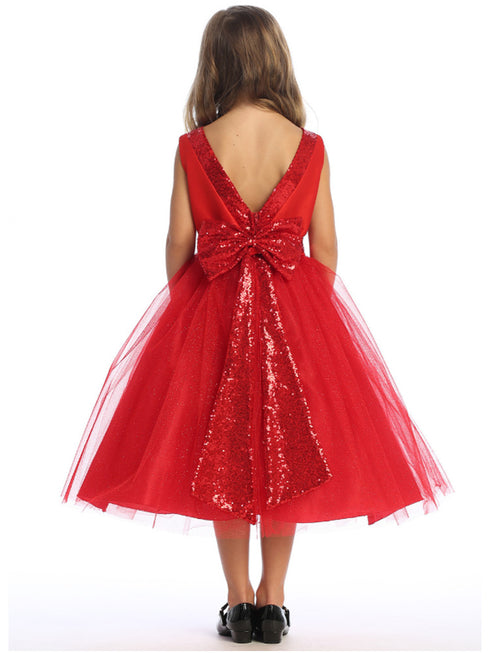 Girls Red V Back Trim Shantung Sparkle Tulle Flower Girl Dress 2T-10 back SophiasStyle.com