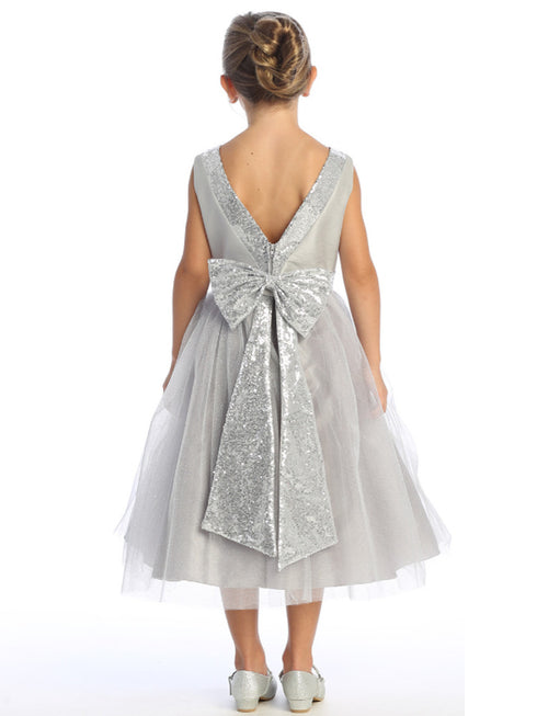 Girls Silver V Back Trim Shantung Sparkle Tulle Flower Girl Dress 2T-10 back SophiasStyle.com