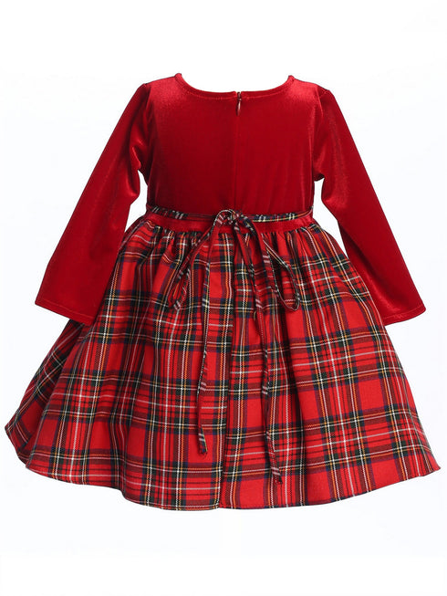 Lito Girls Red Stretch Velvet Plaid Pattern Bow Occasion Dress 2T-10 back - SophiasStyle.com