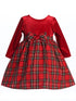Lito Girls Red Stretch Velvet Plaid Pattern Bow Occasion Dress 2T-10 front - SophiasStyle.com
