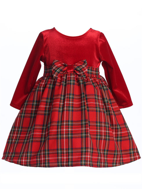 Lito Baby Girls Red Stretch Velvet Plaid Pattern Bow Occasion Dress 3-24M front - SophiasStyle.com