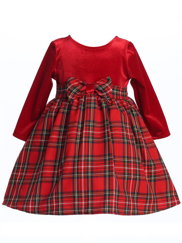 Lito Baby Girls Red Stretch Velvet Plaid Pattern Bow Occasion Dress 3-24M front - SophiasStyle.com