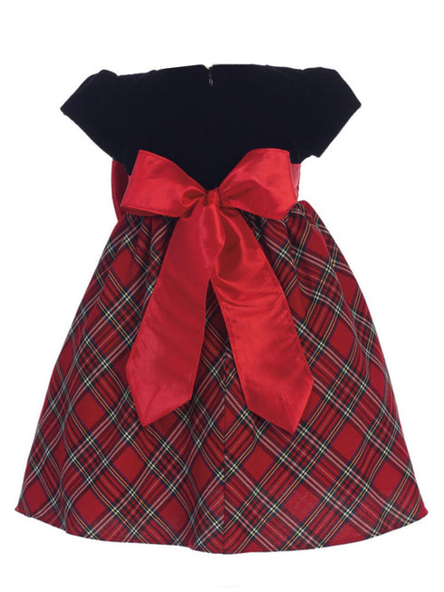Baby Girls Red Black Velvet Plaid Taffeta Bow Christmas Dress 3-24M back - SophiasStyle.com
