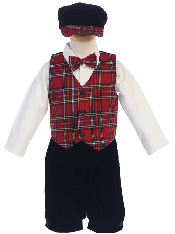 Lito Baby Boys Red Black Plaid Pattern Vest Velvet Knicker Set Outfit 3-24M - SophiasStyle.com