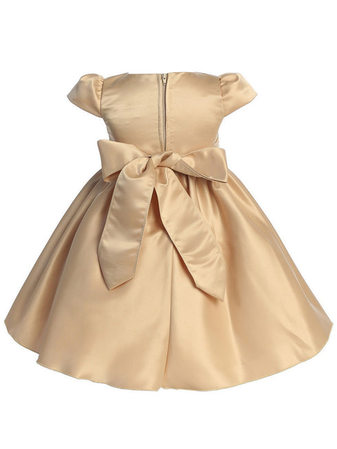 Lito Girls Gold Satin Bead Rhinestone Flower Girl Dress 6-24M back SophiasStyle.com