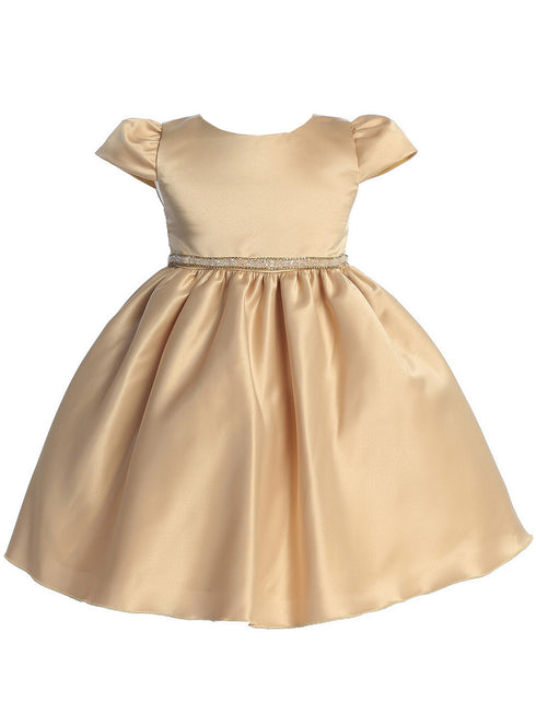 Lito Girls Gold Satin Bead Rhinestone Flower Girl Dress front 6-24M SophiasStyle.com