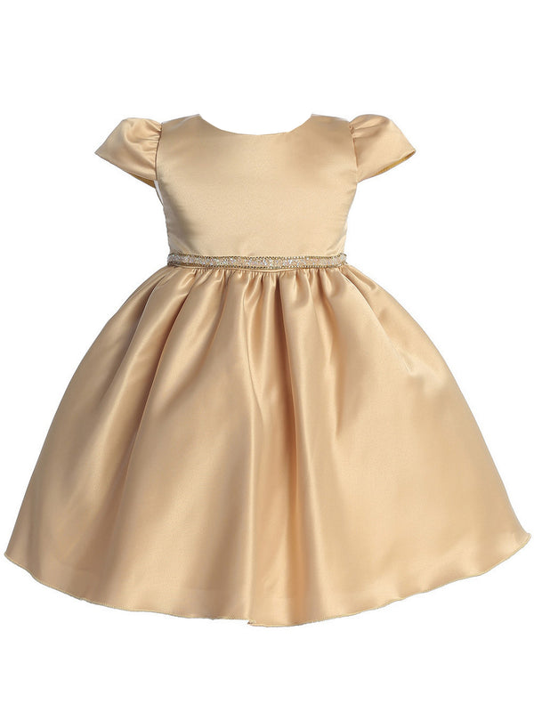 Lito Girls Gold Satin Bead Rhinestone Flower Girl Dress front 6-24M SophiasStyle.com