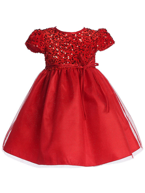 Lito Girls Red Velvet Sequin Adorned Glitter Tulle Flower Girl Dress front 2T-8 SophiasStyle.com
