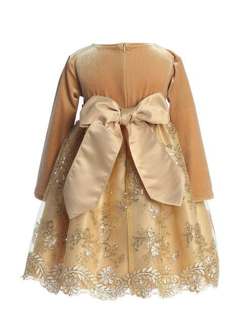 Lito Baby Girls Gold Velvet Sequin Corded Embroidery Tulle Christmas Dress 6-24M back SophiasStyle.com