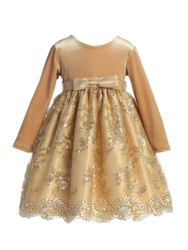 Lito Girls Gold Velvet Sequin Corded Embroidery Tulle Christmas Dress 2T-7 front SophiasStyle.com