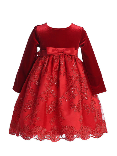 Lito Girls Red Velvet Sequin Corded Embroidery Tulle Christmas Dress 2T-7 front SophiasStyle.com