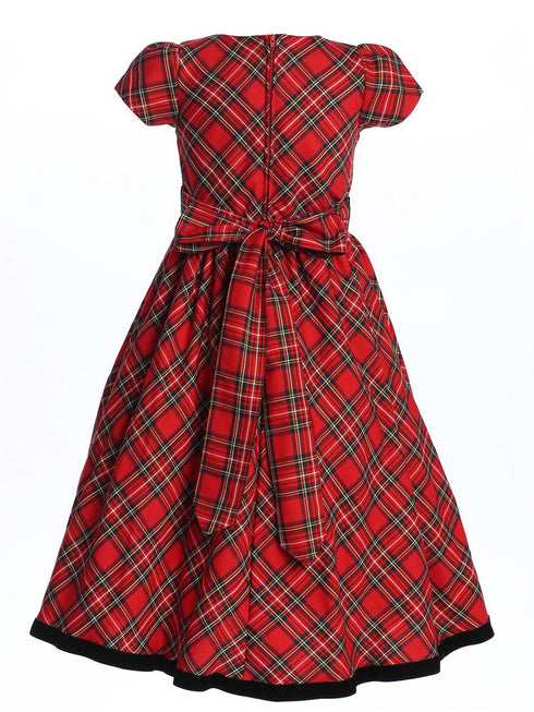 Lito Girls Red Plaid Velvet Trim Bow Accented Short Sleeve Christmas Dress 4-12 back SophiasStyle.com