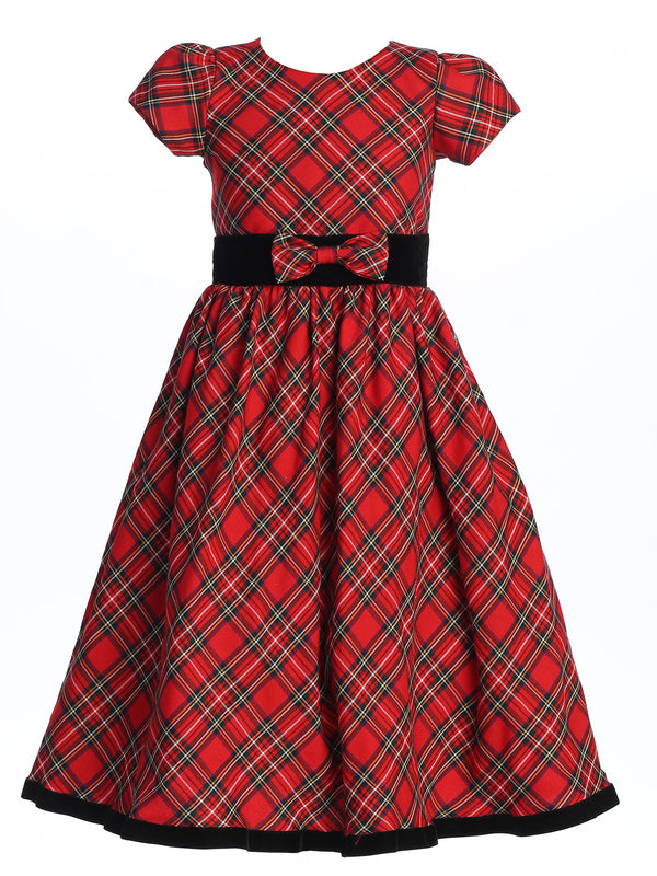 Lito Girls Red Plaid Velvet Trim Bow Accented Short Sleeve Christmas Dress 4-12 front SophiasStyle.com
