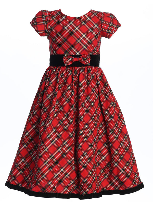 Lito Girls Red Plaid Velvet Trim Bow Accented Short Sleeve Christmas Dress 4-12 front SophiasStyle.com
