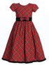 Lito Girls Red Plaid Velvet Trim Bow Accented Short Sleeve Christmas Dress 4-12 front SophiasStyle.com