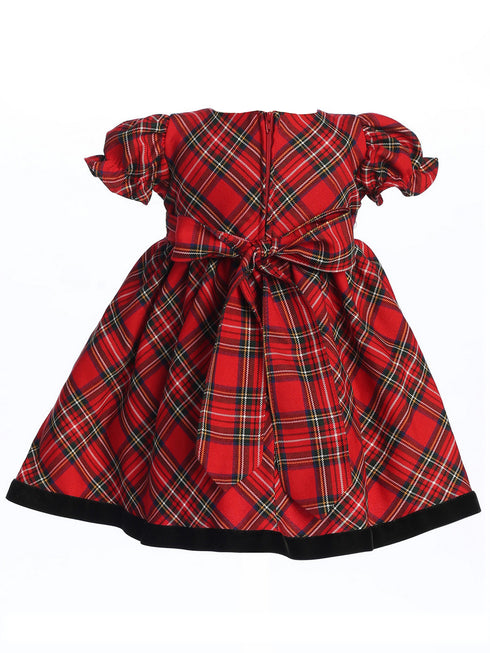 Girls Red Black Plaid Short Sleeve Christmas Dress 3M-4T back - SophiasStyle.com