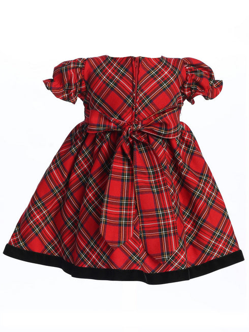 Girls Red Black Plaid Short Sleeve Christmas Dress 3M-4T back - SophiasStyle.com