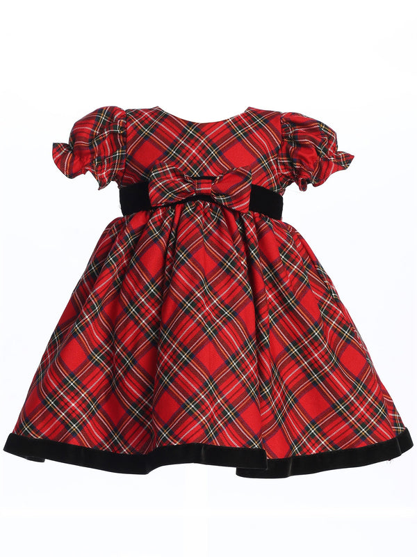 Girls Red Black Plaid Short Sleeve Christmas Dress 3M-4T front - SophiasStyle.com