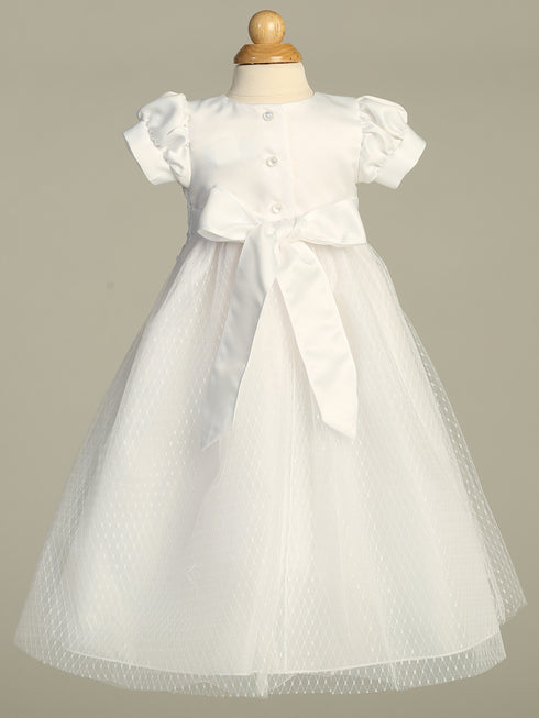 Baby Girls White Satin Lace Trim French Dot Tulle Bonnet Christening Dress 0-18M - SophiasStyle.com