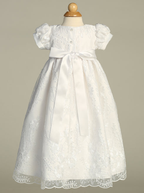 Baby Girls White Embroidered Tulle Sequin Bonnet Grace Christening Gown 0-18M - SophiasStyle.com